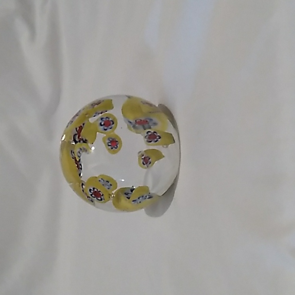 Small Round Paperweight Millefiori Pattern Yellow, Blue and Red Glass (S1)